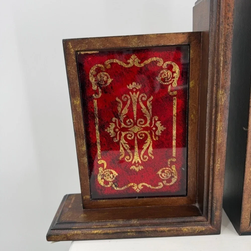 Kirklands Red Gold Bookends Set Ornate Baroque Wood Decorative‎ Shelf Pair